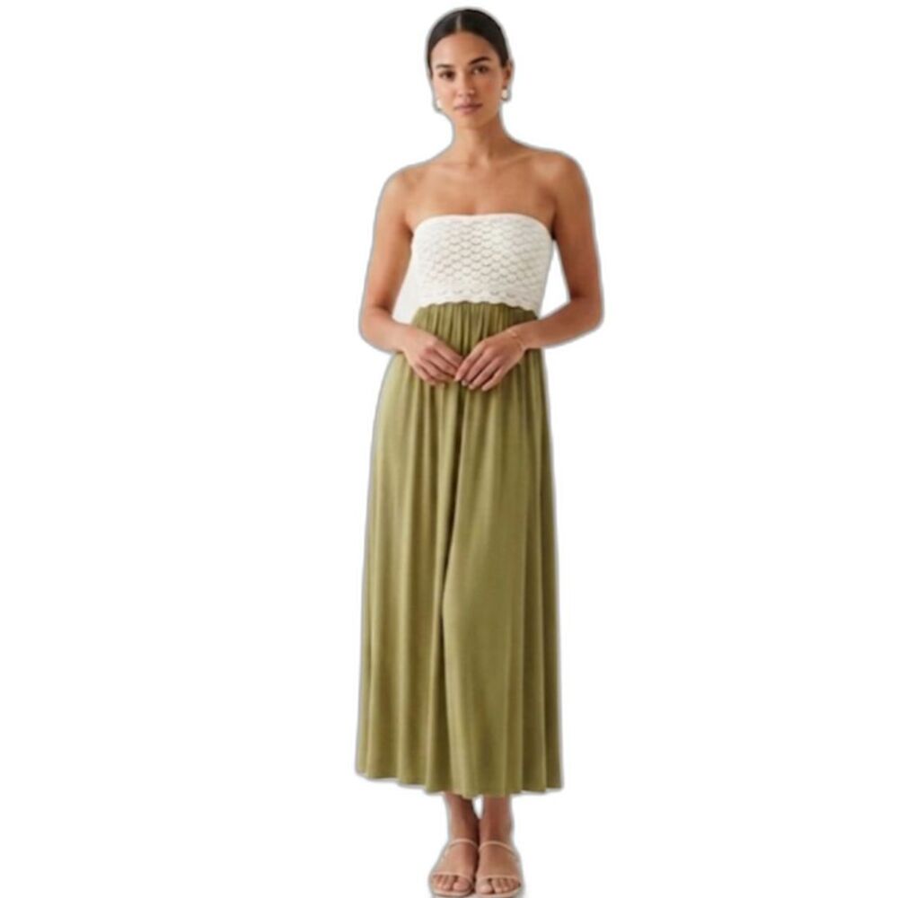 Stella Pardo Paris NWOT Ivory Crochet Top Olive Green Skirt Strapless Maxi Sz S